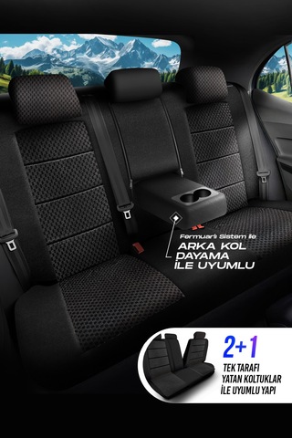 Siyah - Gri Garni Panda Dragon Serisi Dokuma Kumaş Oto Koltuk Kılıfı - Tam Set