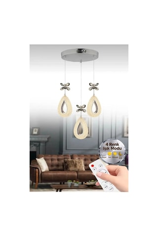 Damla Model 3'lü Gümüş Kumandalı 3 Renk Modu Ledli Kristal Taşlı Modern Salon Mutfak Oturma Odası Led Avize