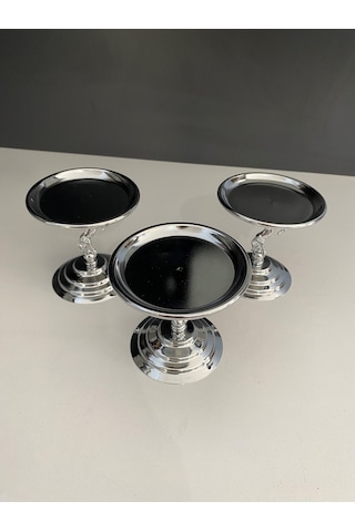 3'lü Atlı Gümüş Lokumluk, Çay Ve Kahve Yanı Sunumluk, Metal Şekerlik, Makaronluk Gümüş