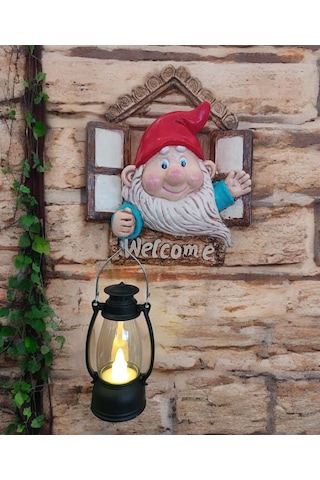 1 Adet Dekoratif Duvar Ve Bahçe Süsü Fenerli Sevimli Cüce Kırmızı