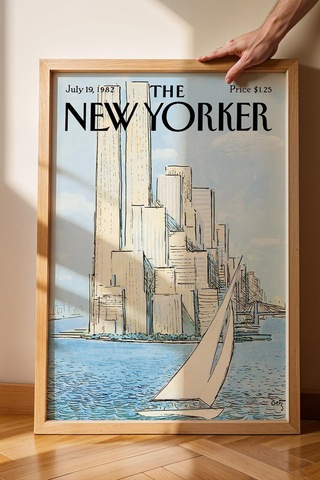The New Yorker Çerçeveli Tablo July 19 1982 - Yelkenli Tekne Ve Dünya Ticeret Merkezi Tablosu
