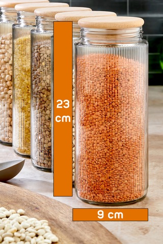 6'lı Ahşap Vakum Kapaklı Çizgili Cam Kavanoz Erzak Bakliyat Saklama Kabı Seti 1350 Ml Cam - Şeffaf