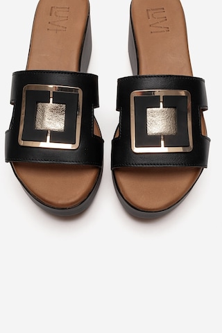 Luvishoes Hıola Siyah Hakiki Deri Tokalı Kadın Dolgu Topuklu Terlik