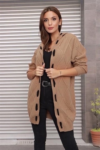 Aqe Fashion Kapüşonlu Kabartma Desenli Şerit Garnili Camel Hırka CAMEL Camel