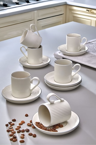 4 Parça 2 Kişilik Stackable Çizgili Gümüş Yaldızlı Kahve Fincan Takımı - Kahve Fincanı Seti 100ml Beyaz