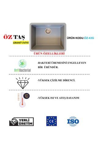 Öztaş ÖZ-43g Granit Mutfak Eviye Gri Tek Gözlü 43 x 55 CM