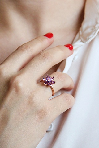 925 Ayar Gümüş Rose Mor Lotus Çiçeği Yüzük - 34023301