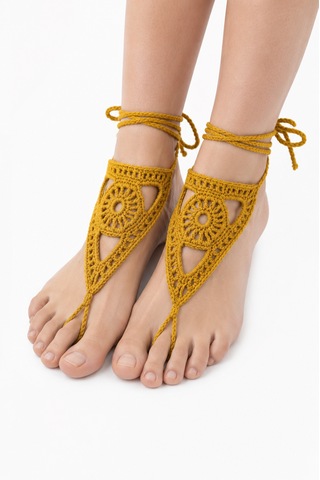 Boho Stil Barefoot Sandal El Yapımı Hardal Ayak Aksesuarı Çift