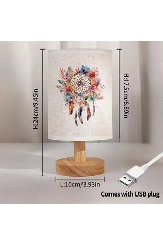 Willowhaven 24x10 Dreamcatcher Masa Lambası Usb Güçlü Çiçek Desenli Nordic Ahşap Taban Yatak Odası Ofis Dekor Hediye Füme