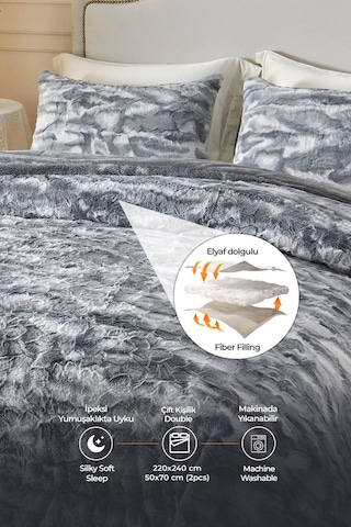 Evlen Home Çift Taraflı Kişilik Kürk Yorgan Uyku Seti Yumuşak Dolgulu Wellsoft Peluş 3 Parça Mia Antrasit Gri