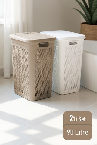 İronika Slim İki Bölmeli Kapaklı Dekoratif Kirli Çamaşır Sepeti 90 Litre Kahve - Beyaz Kahve