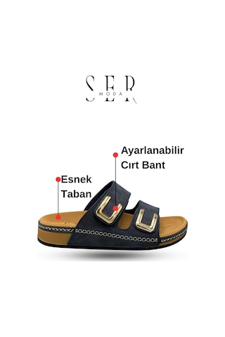 Sermoda Kadın Terlik - Cırtlı Bantlı Rahat Kalın Tabanlı Deri Etnik Desen Kadın Terlik Lacivert