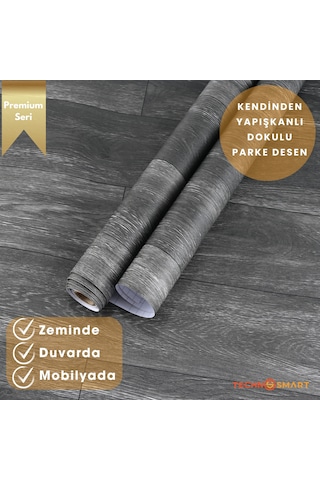 Technosmart 60 500cm Kendinden Yapışkanlı Parke Görünümlü Premium Zemin Duvar Kağıdı Dolap Kaplama Antrasit
