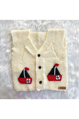 Yelkenli Örgü Çocuk Yeleği 1-2 Yaş Krem