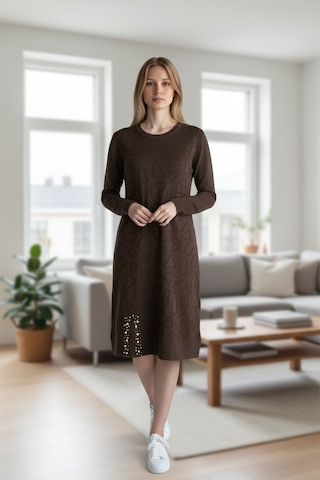 Kadın Önü Desenli Etek Yan Ucu Boncuklu Düşük Kol Tunik Kahverengi