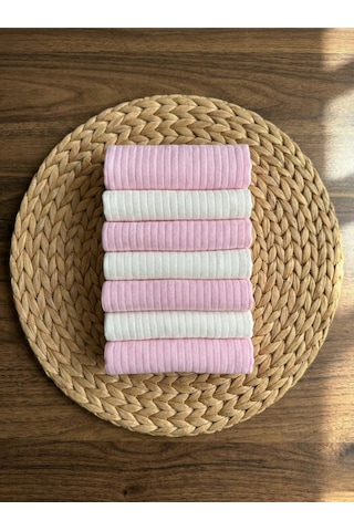 7 Li %100 Pamuk Bebek Ağız Mendili Pembe & Beyaz Kutulu Hediyelik Set Bej