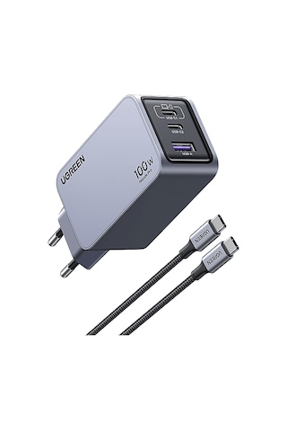 Ugreen Nexode Pro 100 W QC PD Type-C 2xUSB-C 1xUSB-A Gan Hızlı Şarj Cihazı Uzay Grisi