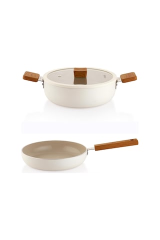 Schafer Ceramoni Seramik Basık Tencere 28 Cm Ve Tava Seti Krem Krem