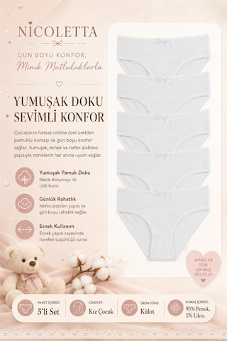 Nicoletta Kız Çocuk Külot 5 Li Paket Likralı Beyaz
