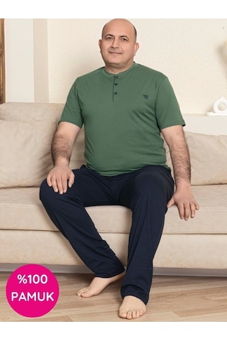 Erkek Geniş Kalıp %100 Pamuk Kısa Kol Cepli Büyük Beden Pijama Takımı Yeşil