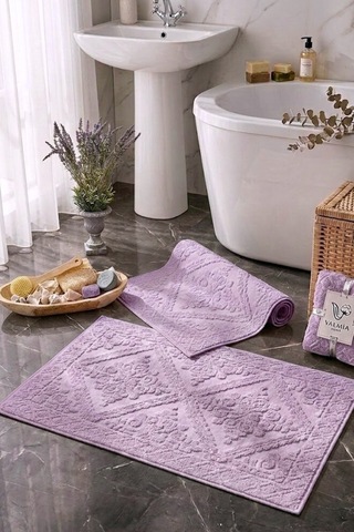 Buççin Online Mağaza 2'li Jakarlı Banyo Ayak Havlusu Seti - Yüksek Emicili Premium Mürdüm Banyo Paspası %100 Pamuk Mor Çok Renkli