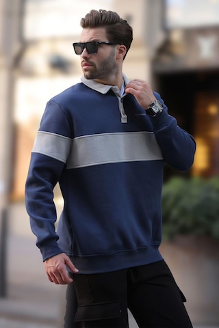 Madmext Lacivert Polo Yaka Renk Bloklu Erkek Sweatshirt 7072 Lacivert