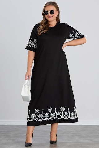 Wearon Kadın Aysar Kısa Kol Baskılı İki İp Boydan Siyah Elbise Siyah