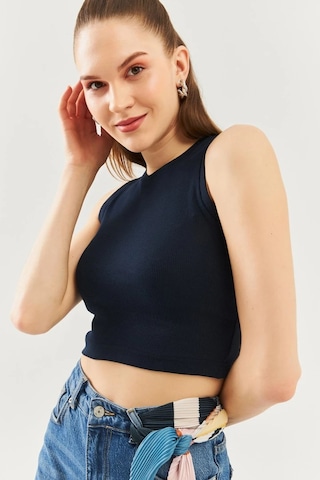 Butikgiz Kadın Sıfır Kol Bisiklet Yaka Vücuda Oturan %100 Pamuklu Kaşkorse Esnek Crop Bluz Lacivert