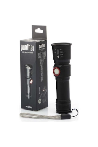 Panther Led El Feneri Usb Şarjlı Zoom Pt-4060 Siyah