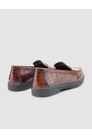 %100 Hakiki Deri Kahverengi Croco Desen Kadın Loafer Kahverengi