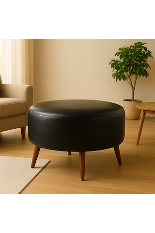 Large Büyük Yuvarlak Modern Puf - 60 Cm - Deri Kumaş - Siyah