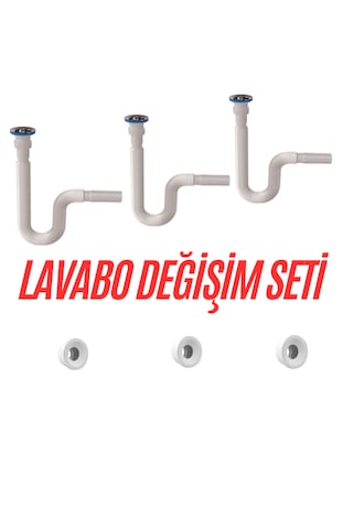 3 Adet Sabit Kafalı Sifon 3 Adet Conta - Komple Ev Lavabo Değişim Seti Yüksek Kalite Beyaz