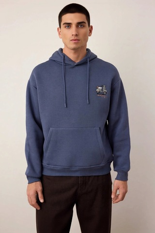 Benerly Erkek Kapüşonlu Düşük Kol Sweatshirt Slogan Nakışlı Fonksiyonel D Indigo