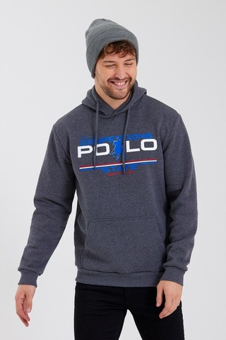 Polostate Erkek Kapüşonlu Baskılı 3 İplik Sweatshirt Antrasit