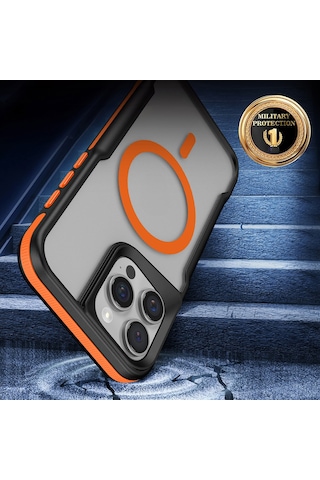 İphone 16 Pro Max Uyumlu Magsafe Şarj Özellikli Renkli Kenar Airbag Şeritli Lamer Kapak-turuncu