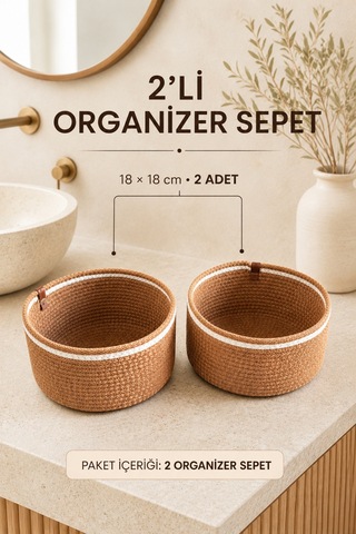 El Yapımı Bohem Hasır Organizer Sepet Banyo Kozmetik Aksesuar Mutfak Küçük Eşya 2'li
