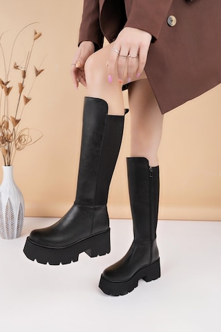 Nesilshoes Nesil Shoes Carel 607 Siyah Strech Platform Kadın Çizme