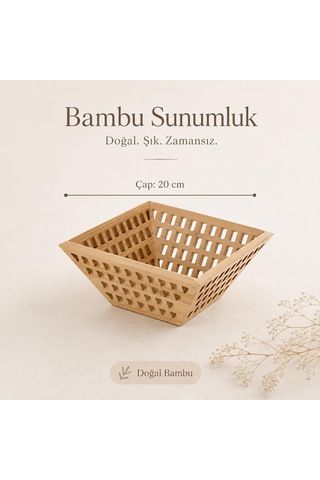Bambu Sunumluk Sepet 20 Cm, Doğal Ahşap Meyve Sepeti, Ekmeklik Kahvaltılık Çerezlik Ve Servis Sepeti Kahverengi