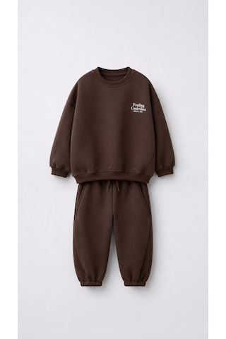 Monila Unisex Çocuk Basic Yazı Detaylı 3 İplik Kumaş Eşofman Takım Kahverengi