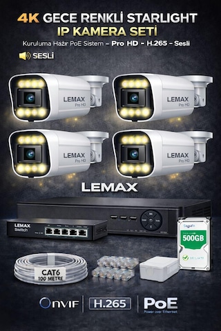 4 Kameralı 4k 1440p Full Hd Sesli Poe Ip Kamera Sistemi Gece Renkli Ultra Hd Güvenlik Seti