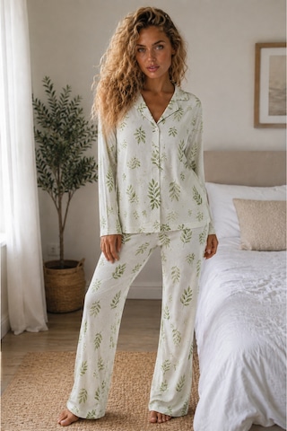 Womanandkids Night Çağla Yeşili Kadın Örme Gömlek Yaka Pijama Takımı
