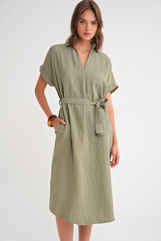 4720 Kadın Pile Detaylı Bağlamalı V Yaka Müslin Elbise Haki Haki
