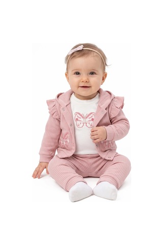 Bebegen Kız Bebek Ekru Pembe Kelebek Nakışlı Fırfırlı Hırkalı 3'lü Takım