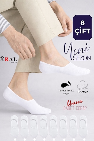 Kral Socks Kadın - Erkek Düz Desen 8'li Paket - 8 Çift Pamuklu Terletmez Babet Çorap Beyaz