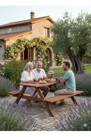 Masif Çam Piknik Masası Dış Mekan Ahşap Bahçe Oturma Grubu Kahverengi