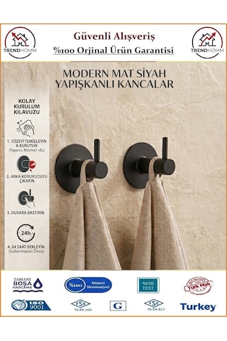 Trendhomm İkili Mutfak Banyo Havlu Askılığı - Yapışkanlı - Mat Siyah - 2 Adet