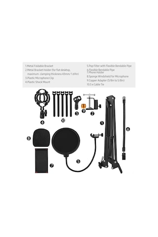 Padalink Siyah Çok Fonksiyonlu Masaüstü Mikrofon Stant Seti - Katlanabilir Tutucu, Darbe Emici, Pop Filtresi Ve Ek Aksesuarlar İle Canlı Yayın, Öğretim, Mikrofon Kullanımları İçin Uygun