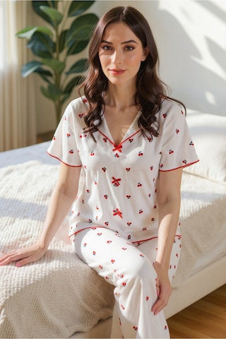 Bella Notte Pamuklu Kiraz Desenli V Yaka Pijama Takımı Kırmızı