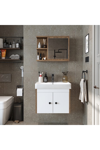 Lavabolu Mat Suntalam 60 Cm Banyo Dolabı + Aynalı Üst Dolabı Atlantik Çam - Beyaz