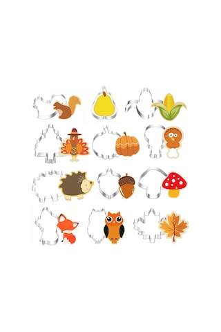 Geeksen 12'li Güz Bayramı Kurabiye Kalıbı Seti - Yemek Safe Paslanmaz Çelik - Fare, Baykuş, Kürke, Bakla Ve Daha Fazla Şekil - Hamur, Fondan Kesim İçin Uygun Gümüş